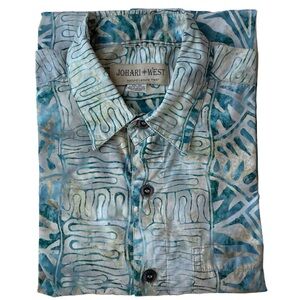 Johari West Hawaiian Button Down Shirt Pocket Geometric Aztec Tribal Batik